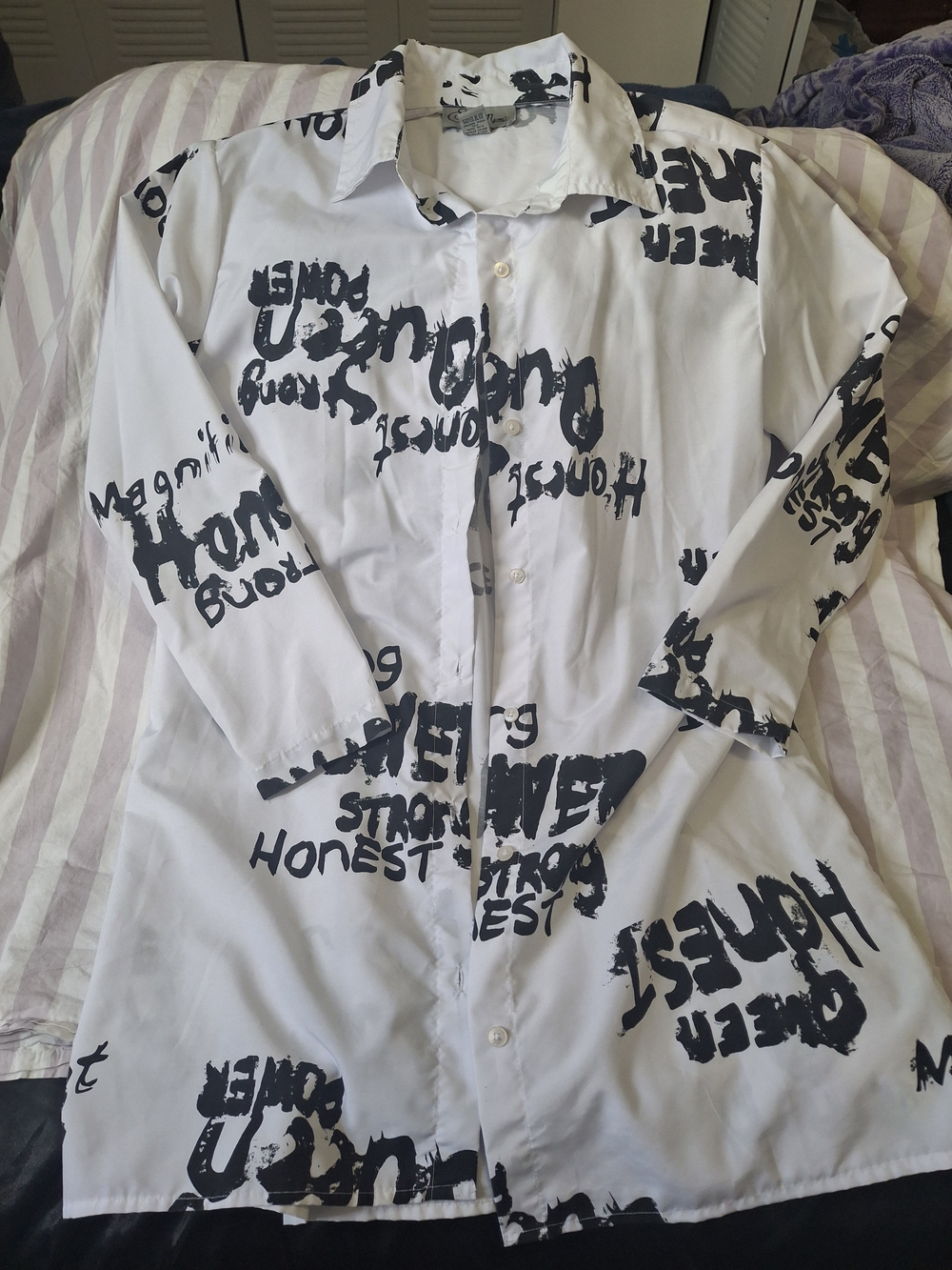 White Button-Down Shirt Dress with Black Script Print